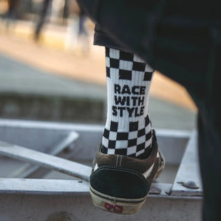 Age of Glory Racing Socks in Black and White Checkered - available at Veloce Club